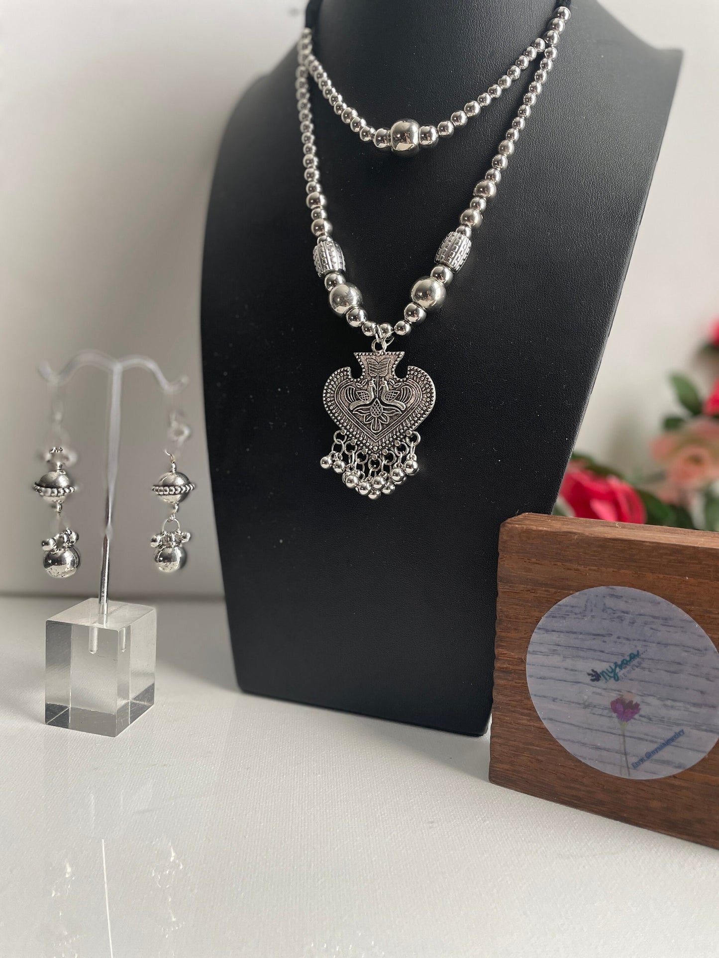 Oxidized Silver Garba Necklace Set: Adjustable Boho Jewelry