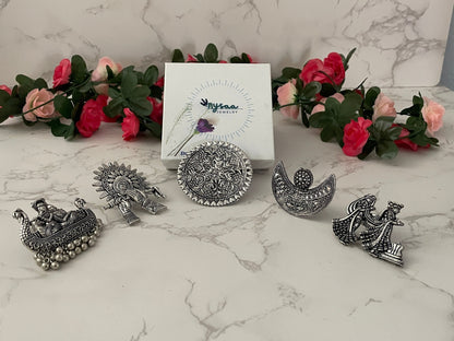 Oxidized Silver Radha Krishna Ring: Adjustable Oversized Statement