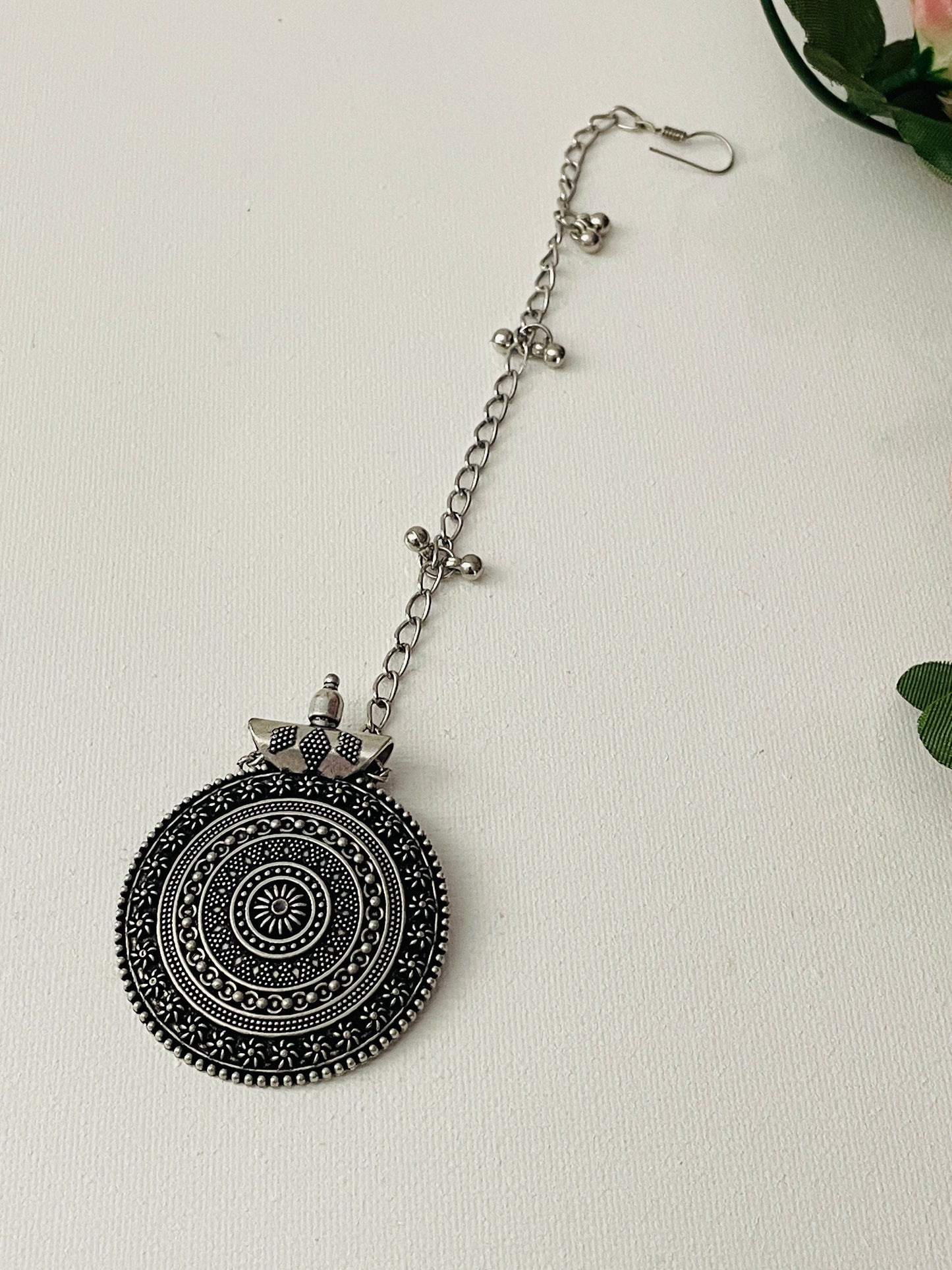 Oxidized Maang Tikka: Indian Head Jewelry with Ghungaroo