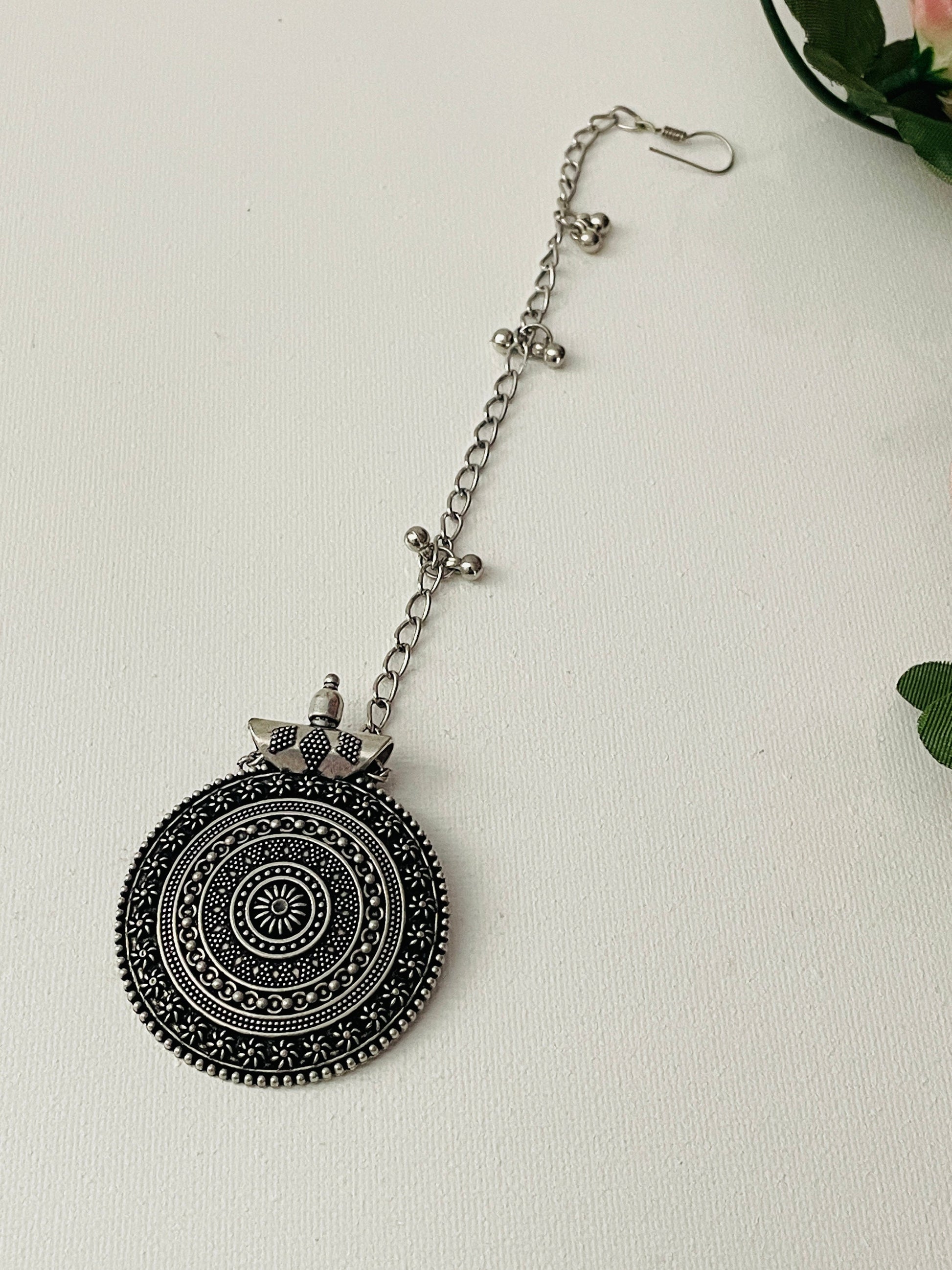 Oxidized Maang Tikka: Indian Head Jewelry with Ghungaroo