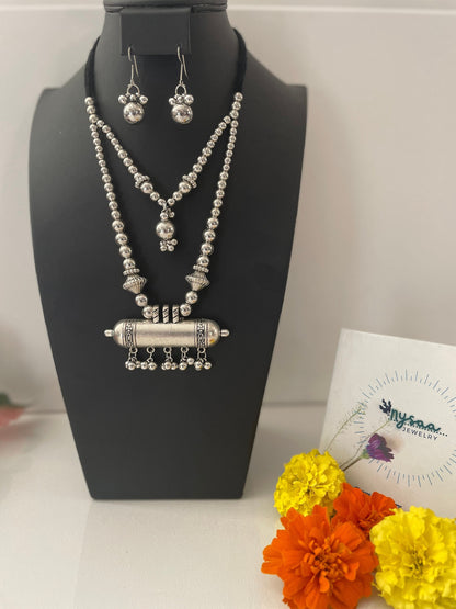 Oxidized Silver Garba Necklace Set: Adjustable Boho Jewelry