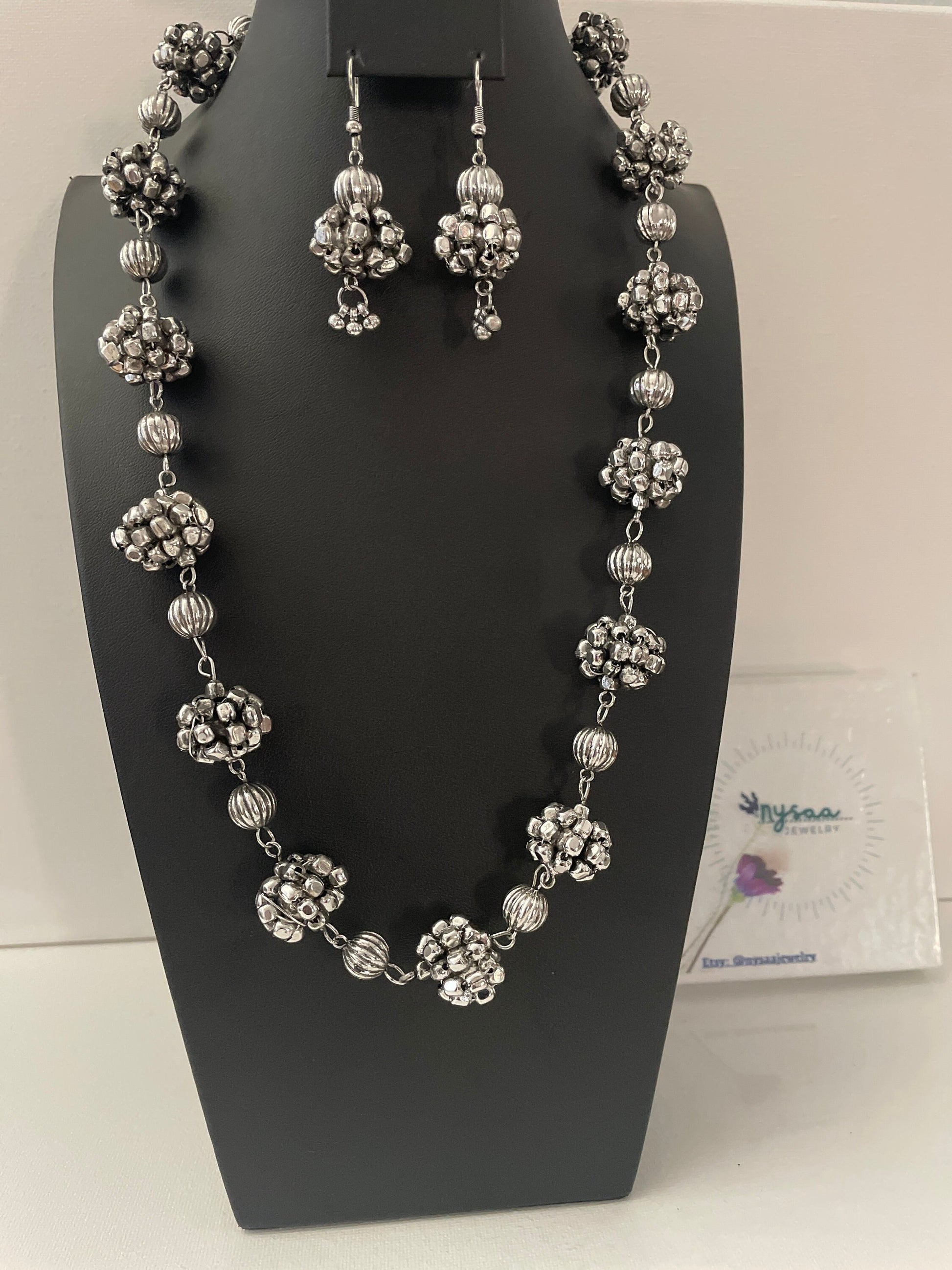 Oxidized Indian Necklace Set: Navratri Jewelry, Adjustable Length