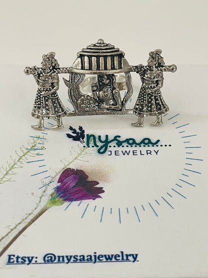 Oxidized Silver Radha Krishna Ring: Adjustable Oversized Statement