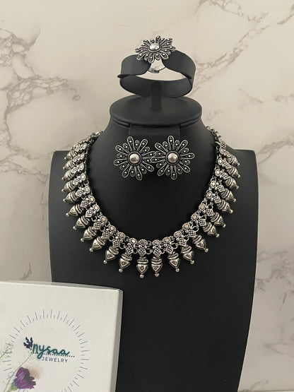 Oxidized Kolhapuri Necklace Set: Indian Jewelry with Earrings & Ring