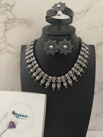 Oxidized Kolhapuri Necklace Set: Indian Jewelry with Earrings & Ring