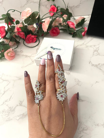 Gold plated two finger kundan chain ring