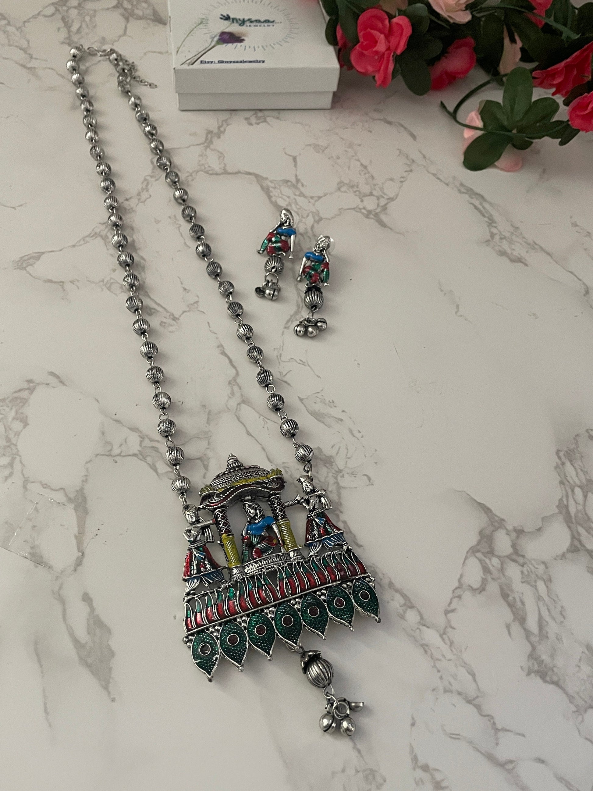 Oxidized Doli Necklace & Earrings Set: Colorful Indian Jewelry