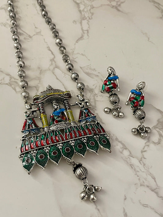 Oxidized Doli Necklace & Earrings Set: Colorful Indian Jewelry