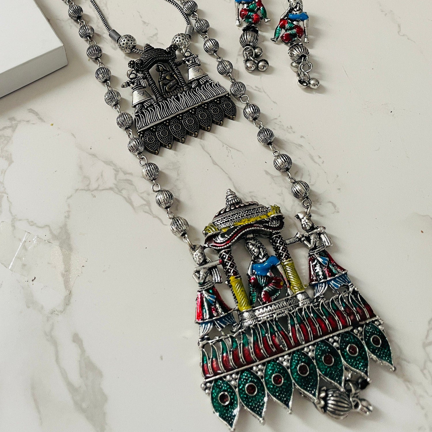 Long Oxidised necklace with stunning pendant and matching earrings | Colorful Doli necklace with earrings | Oxidisedjewelry set