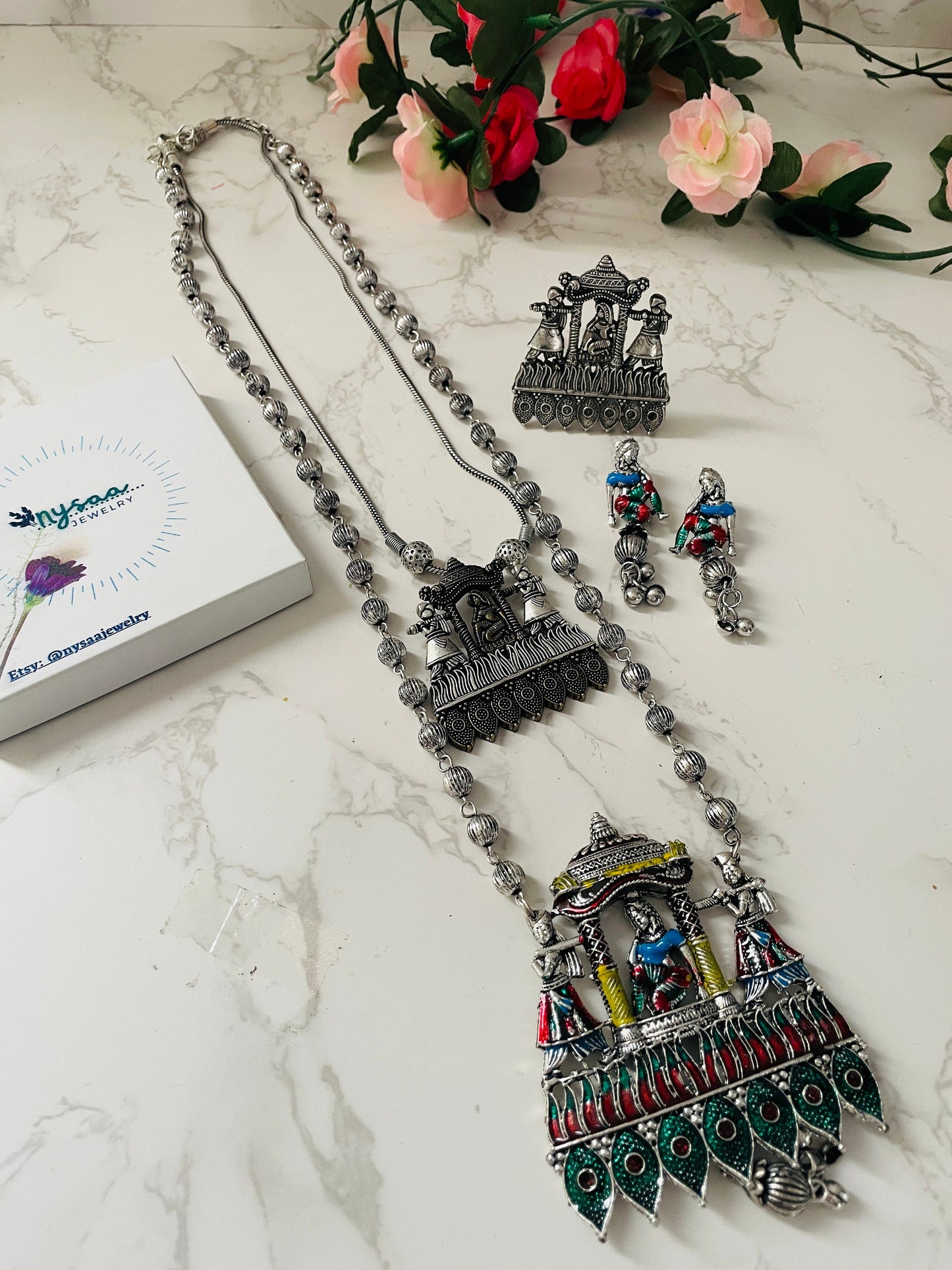 Oxidized Doli Necklace & Earrings Set: Colorful Indian Jewelry