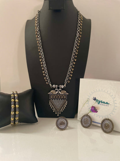 Oxidized Maa Durga/Peacock Necklace Set: Indian Navratri Jewelry