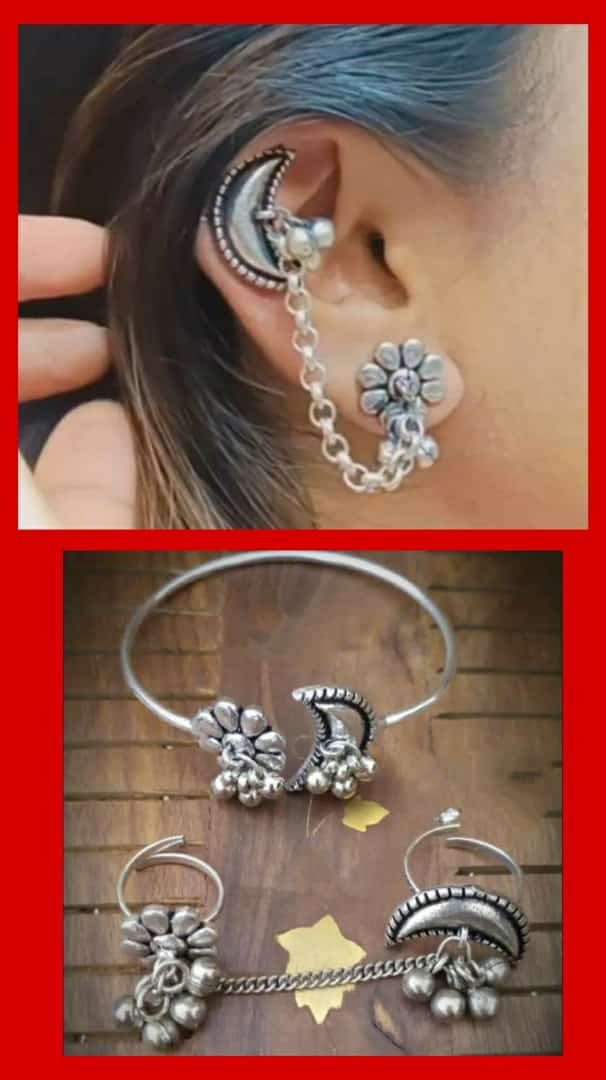 Adjustable chain ring in moon n flower setting | matching bracelet