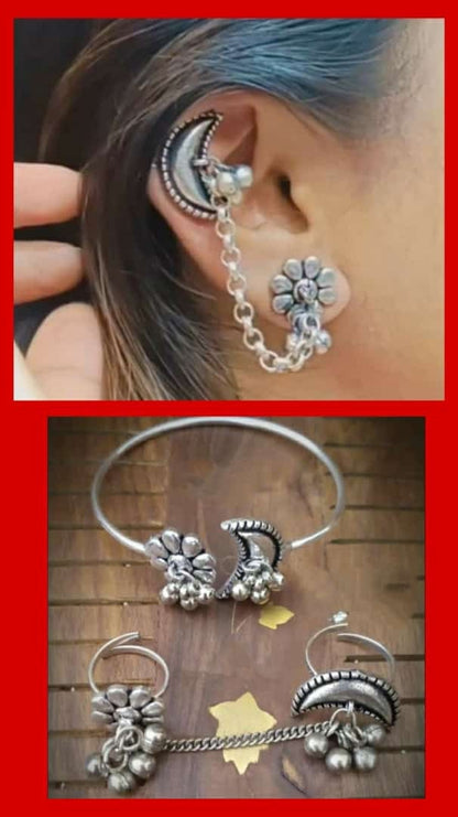 Adjustable chain ring in moon n flower setting | matching bracelet