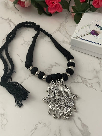 Oxidized Thread Necklace: Indian Bollywood Jewelry, Adjustable Length
