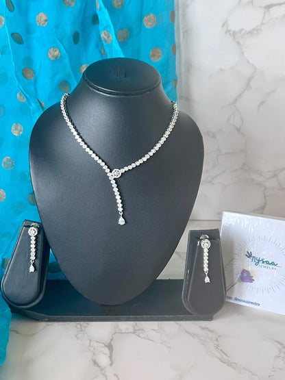 Asymmetrical Cubic Zirconia Necklace Set: Rhodium Plated Wedding Jewelry