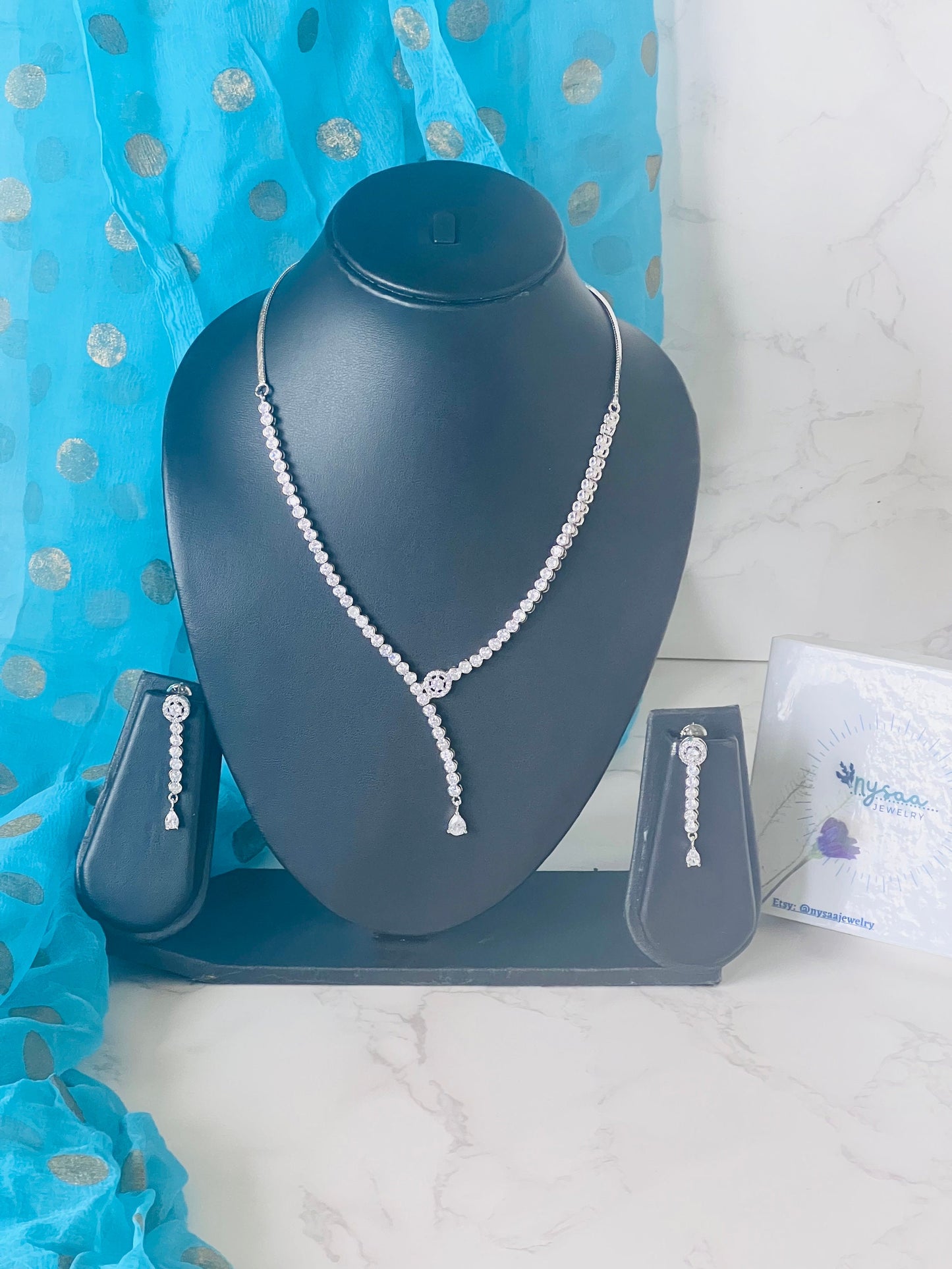 Asymmetrical Cubic Zirconia Necklace Set: Rhodium Plated Wedding Jewelry