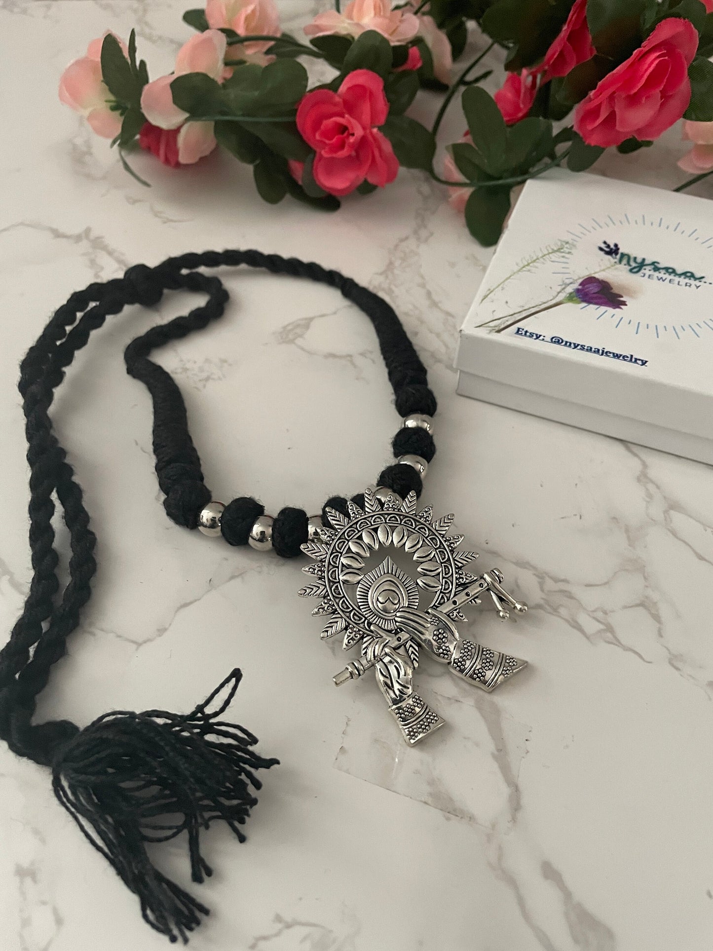 Oxidized Thread Necklace: Indian Bollywood Jewelry, Adjustable Length