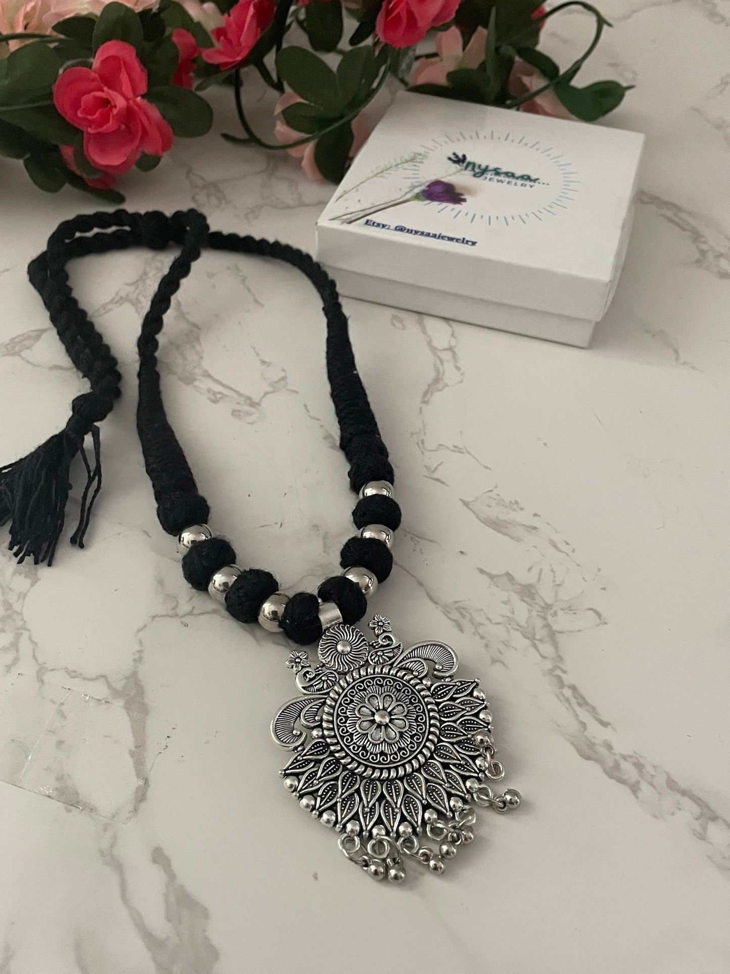 Oxidized Thread Necklace: Indian Bollywood Jewelry, Adjustable Length