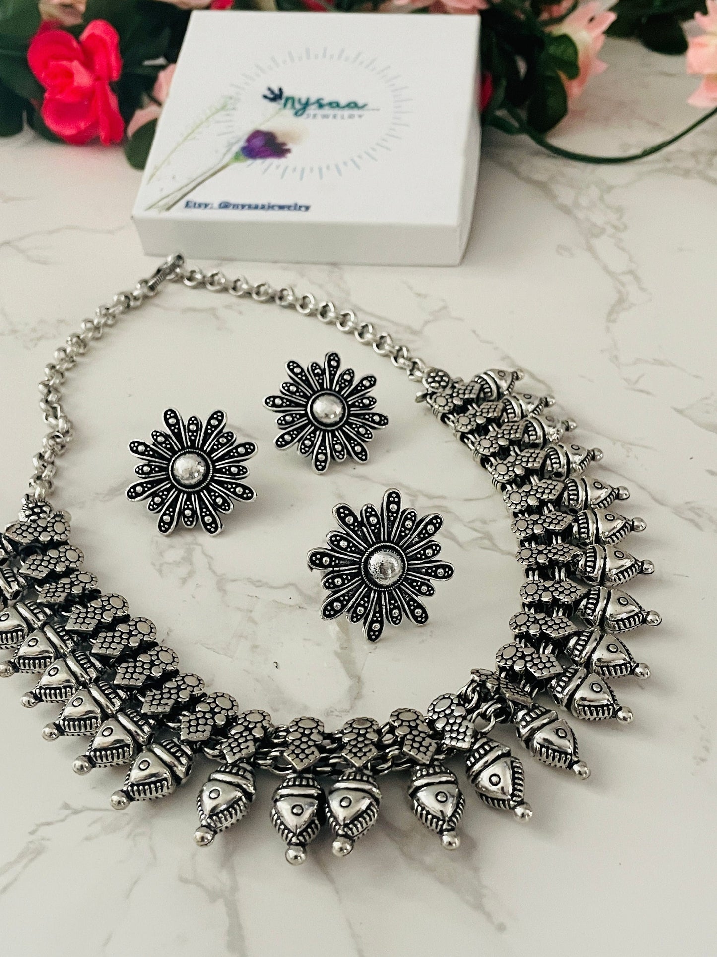 Oxidized Kolhapuri Necklace Set: Indian Jewelry with Earrings & Ring