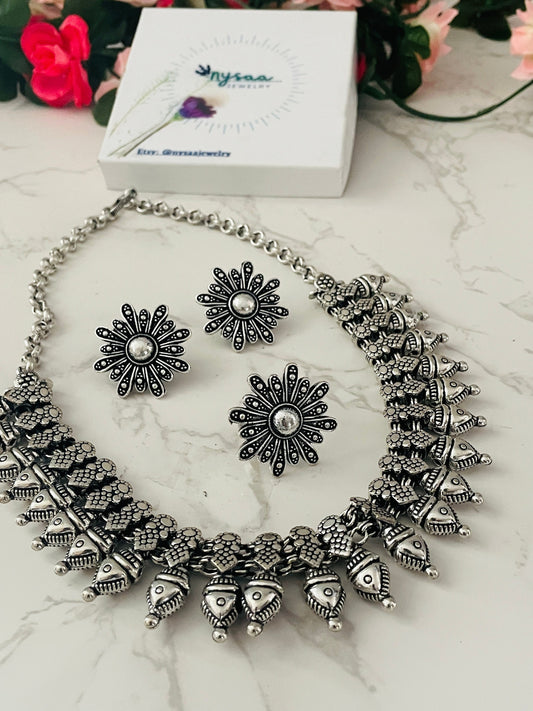 Oxidized Kolhapuri Necklace Set: Indian Jewelry with Earrings & Ring