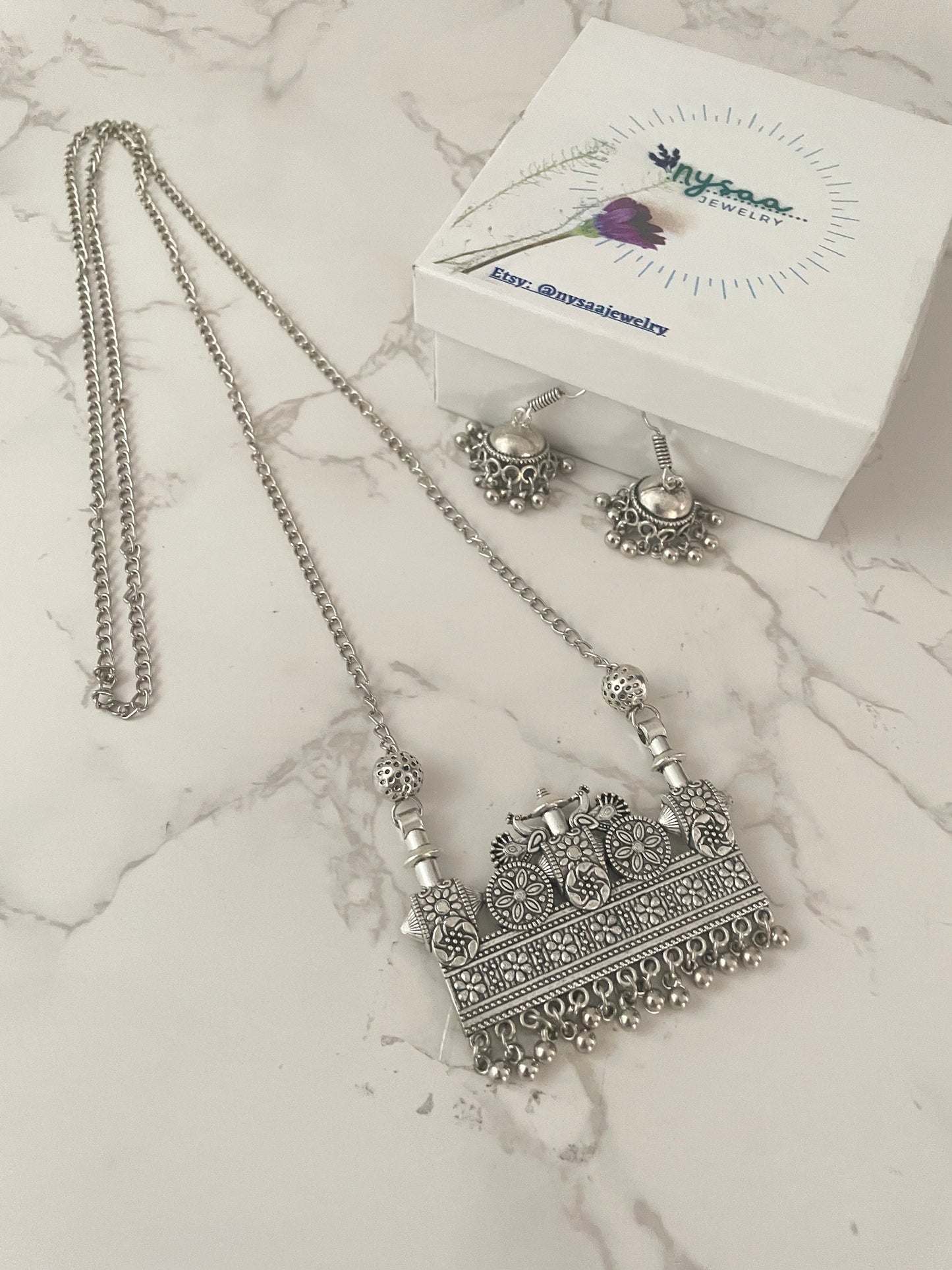 Oxidized Ganapati Pendant Necklace Set: Adjustable Jhumki Earrings