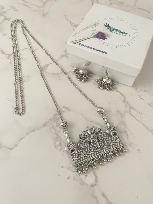 Oxidized Ganapati Pendant Necklace Set: Adjustable Jhumki Earrings