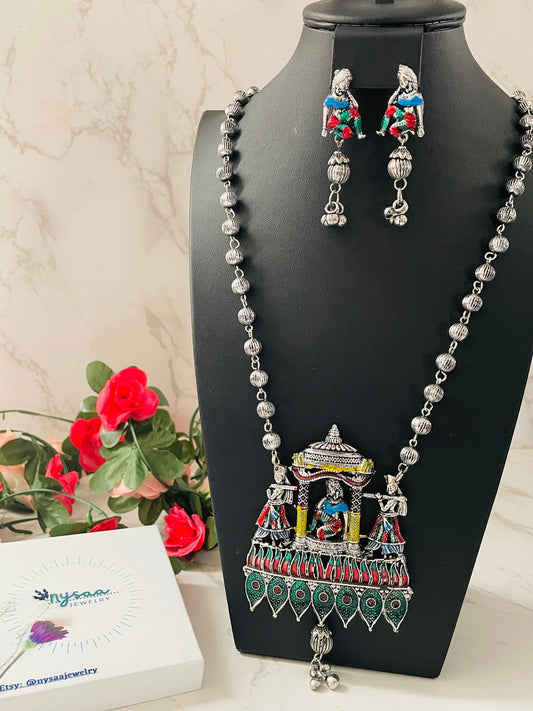 Oxidized Doli Necklace & Earrings Set: Colorful Indian Jewelry