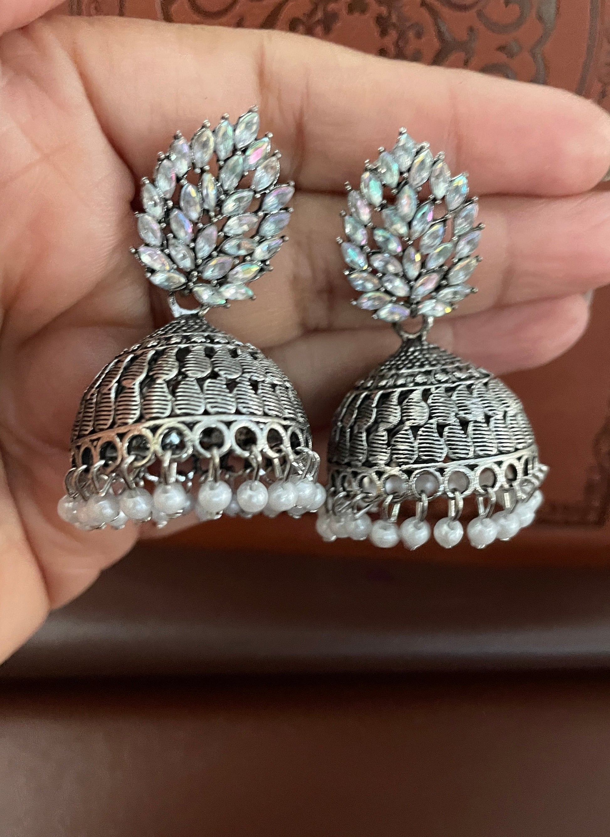 Oxidized Jhumkis rhinestone Earrings: Traditional Indian Style, 2-inch Length