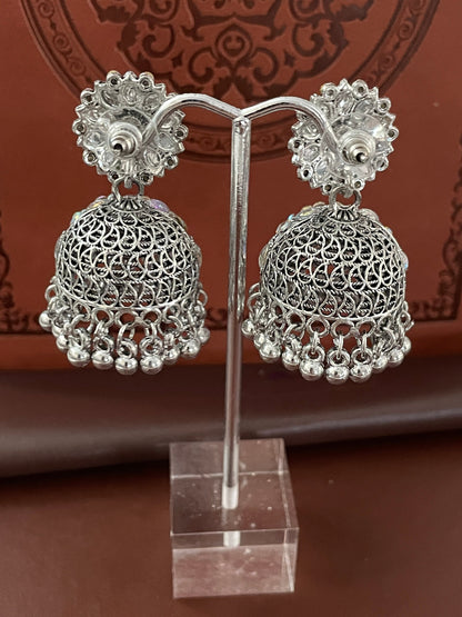 Oxidized Jhumkis rhinestone Earrings: Traditional Indian Style, 2-inch Length