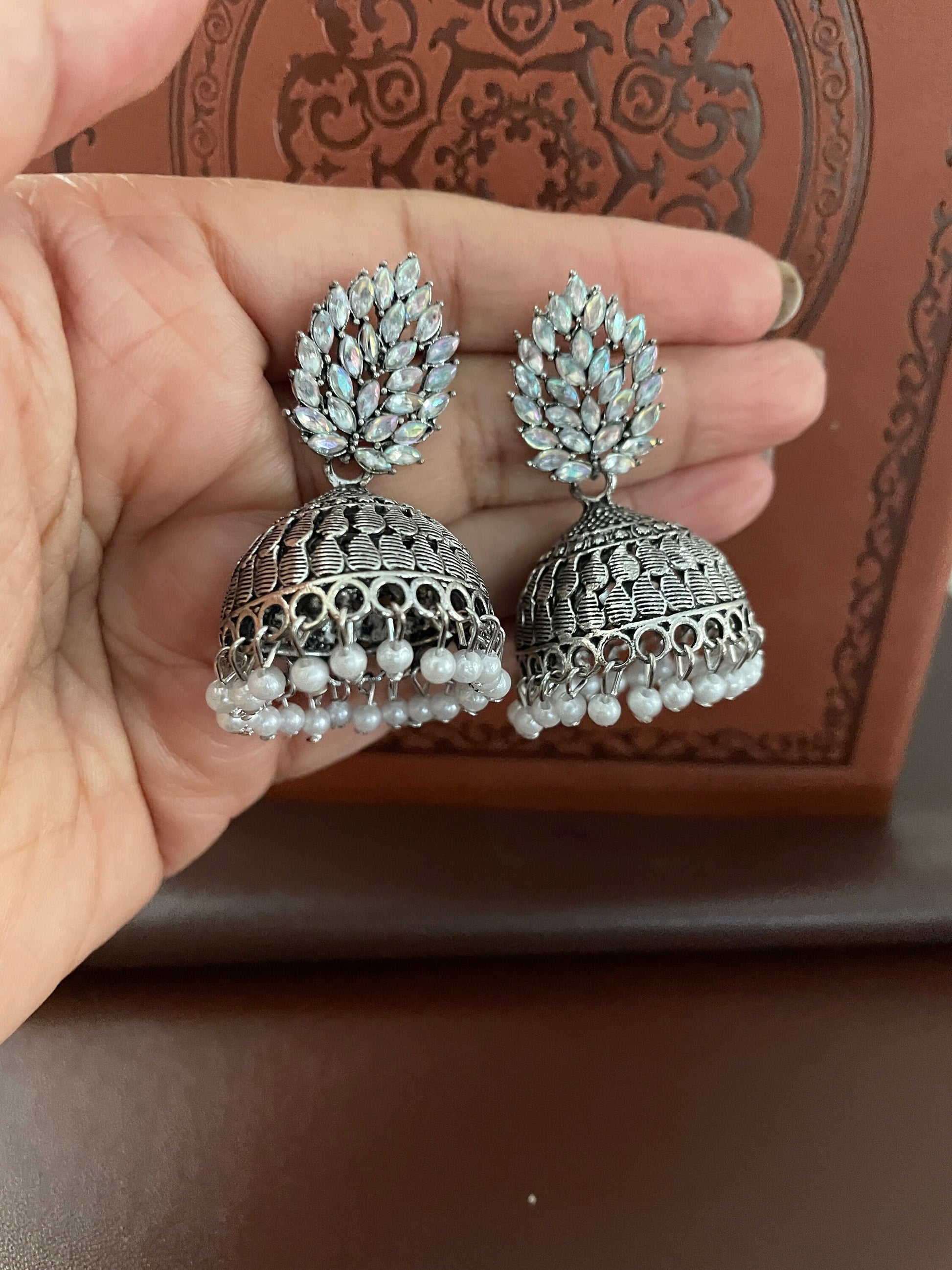 Oxidized Jhumkis rhinestone Earrings: Traditional Indian Style, 2-inch Length