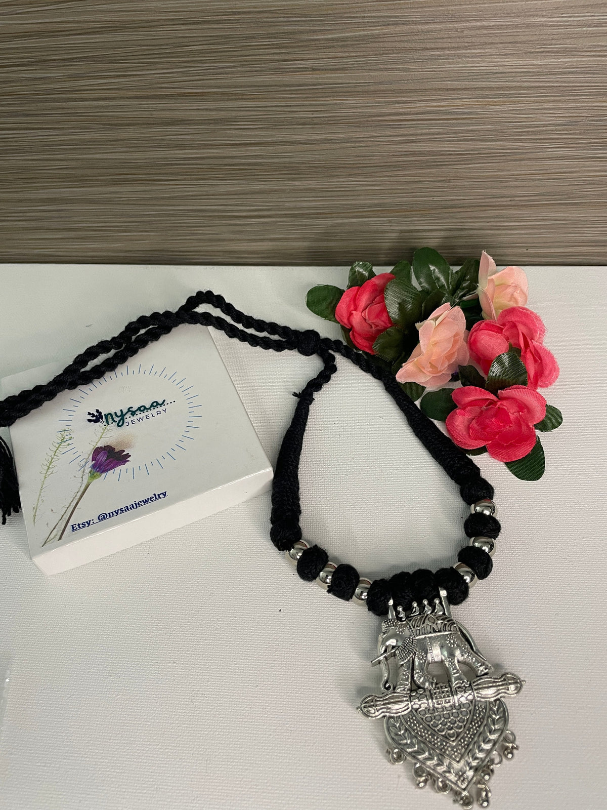 Oxidized Elephant Necklace: Bollywood Thread Jewelry, Adjustable Length