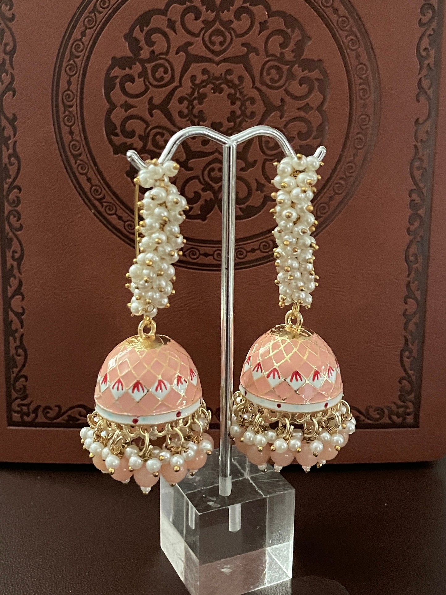 Pink Minakari Pearl Jhumka Earrings: Indian Bollywood Jewelry