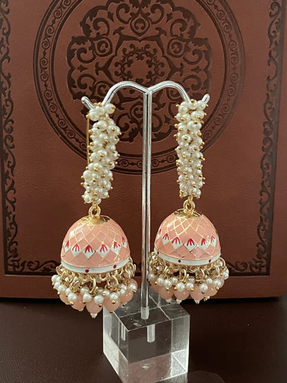 Pink Minakari Pearl Jhumka Earrings: Indian Bollywood Jewelry