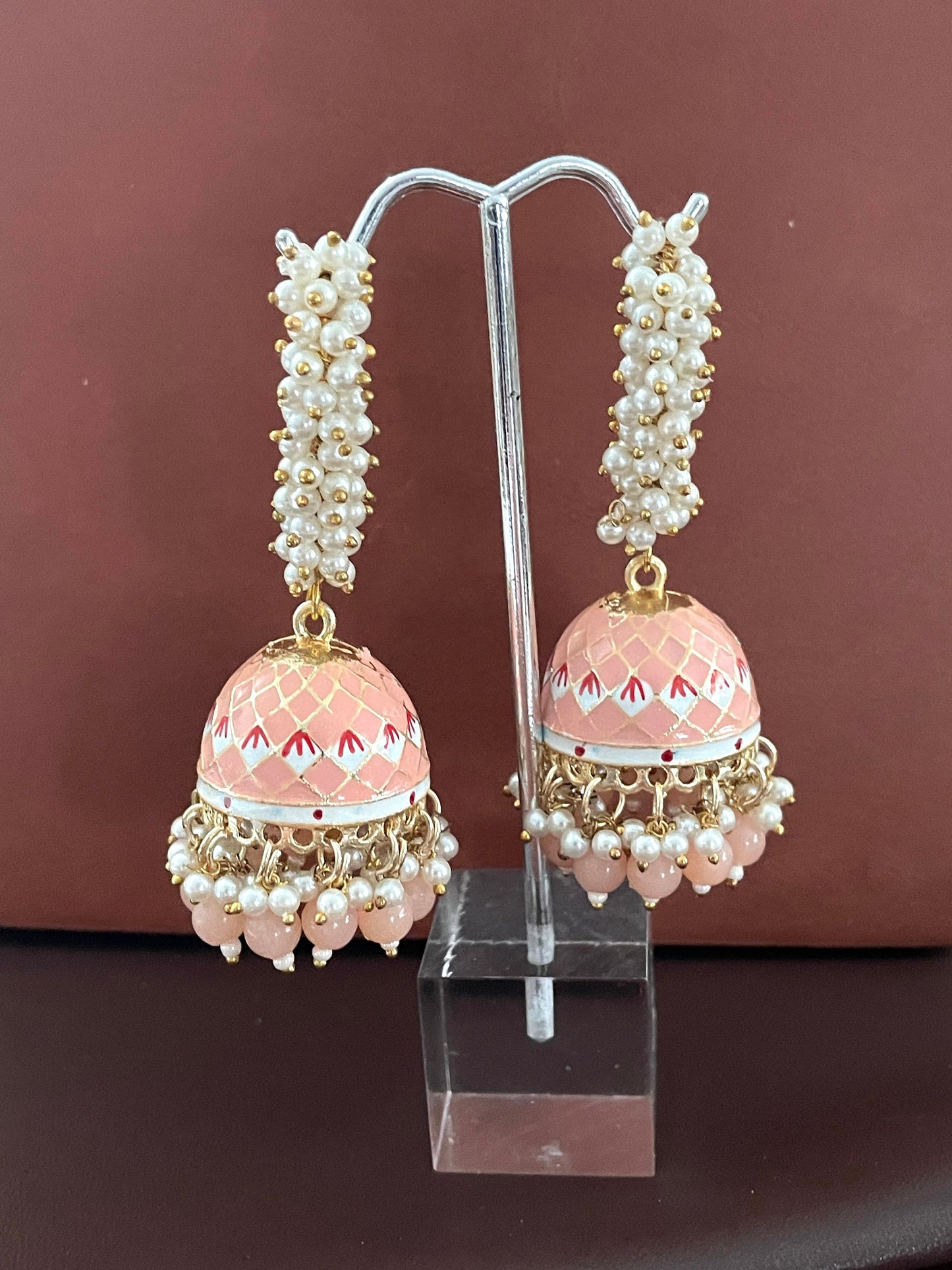 Pink Minakari Pearl Jhumka Earrings: Indian Bollywood Jewelry