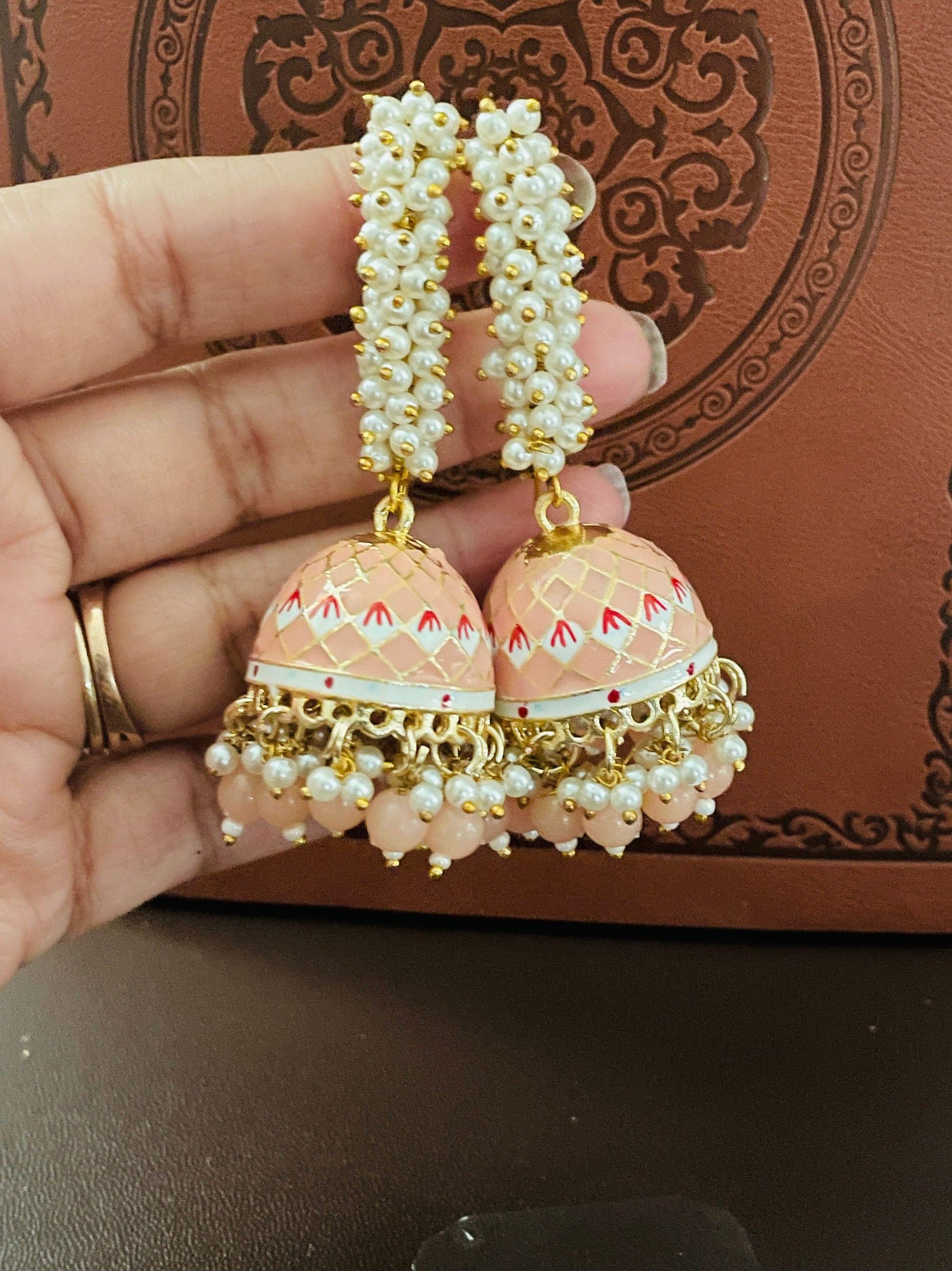 Pink Minakari Pearl Jhumka Earrings: Indian Bollywood Jewelry