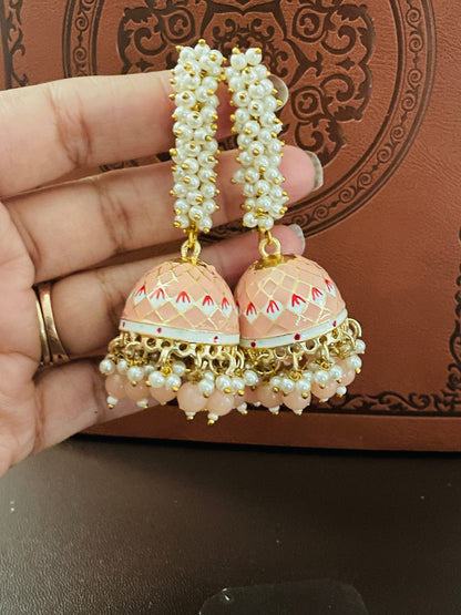 Pink Minakari Pearl Jhumka Earrings: Indian Bollywood Jewelry