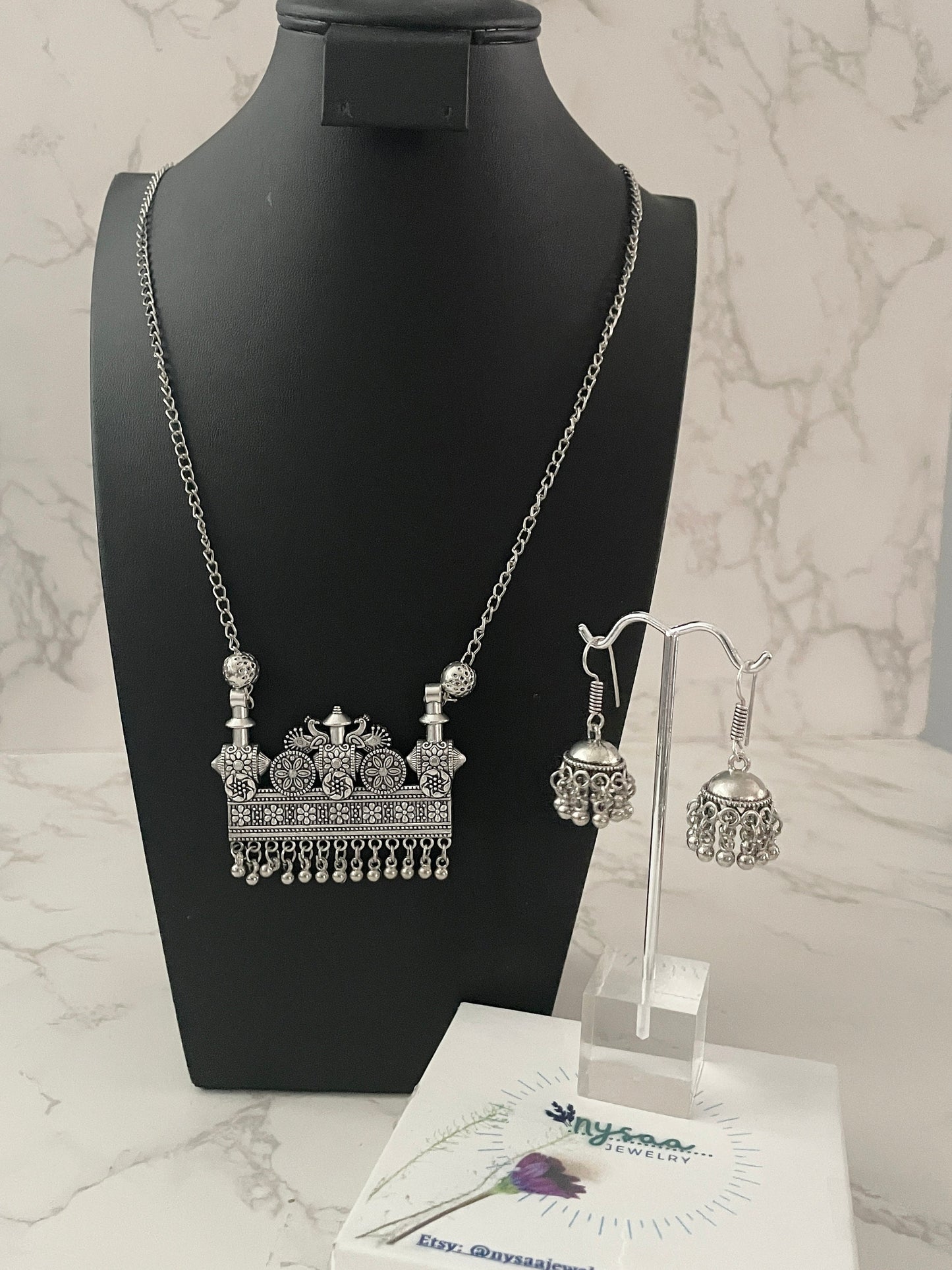 Oxidized Ganapati Pendant Necklace Set: Adjustable Jhumki Earrings