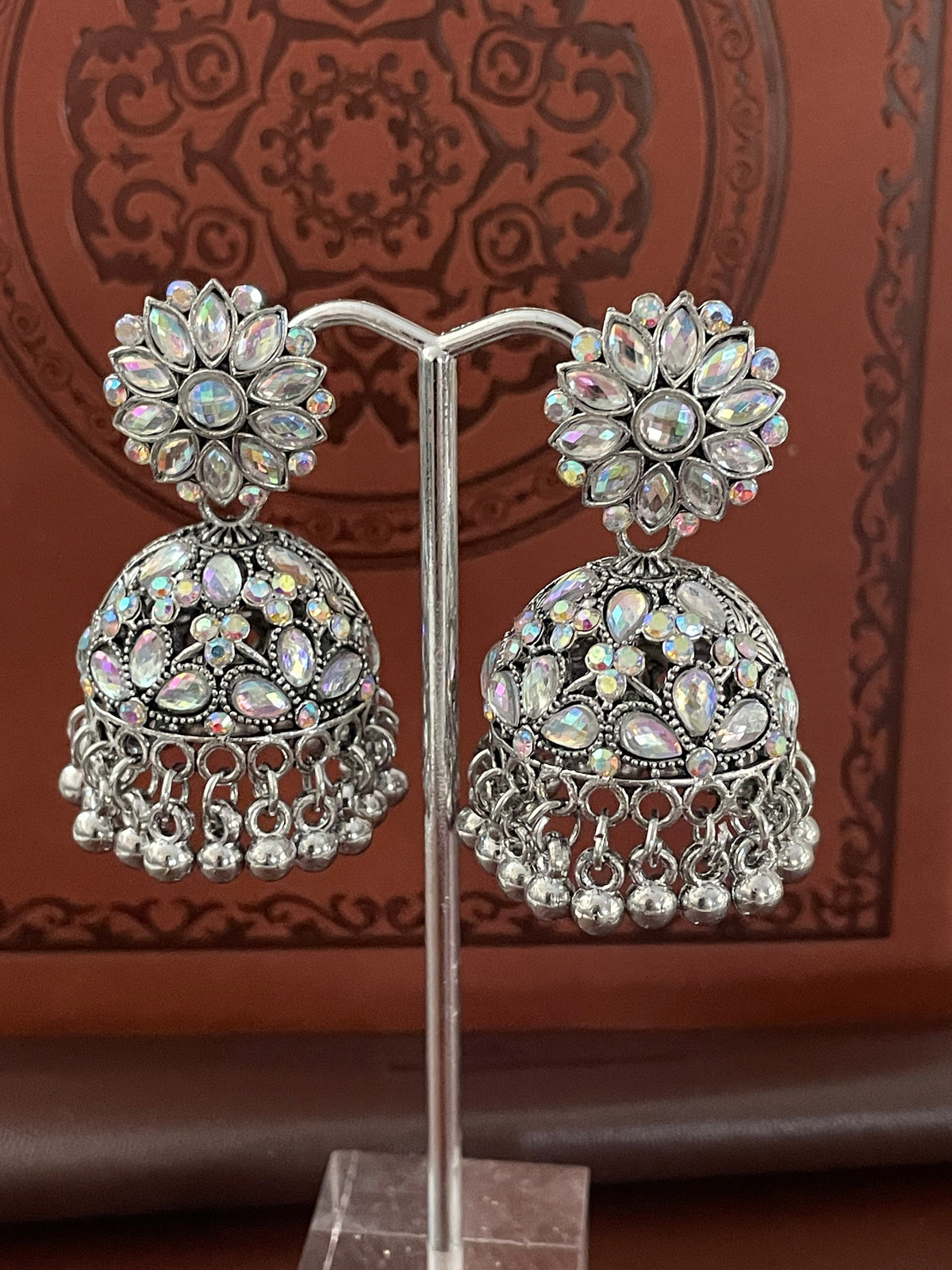 Oxidized Jhumkis rhinestone Earrings: Traditional Indian Style, 2-inch Length