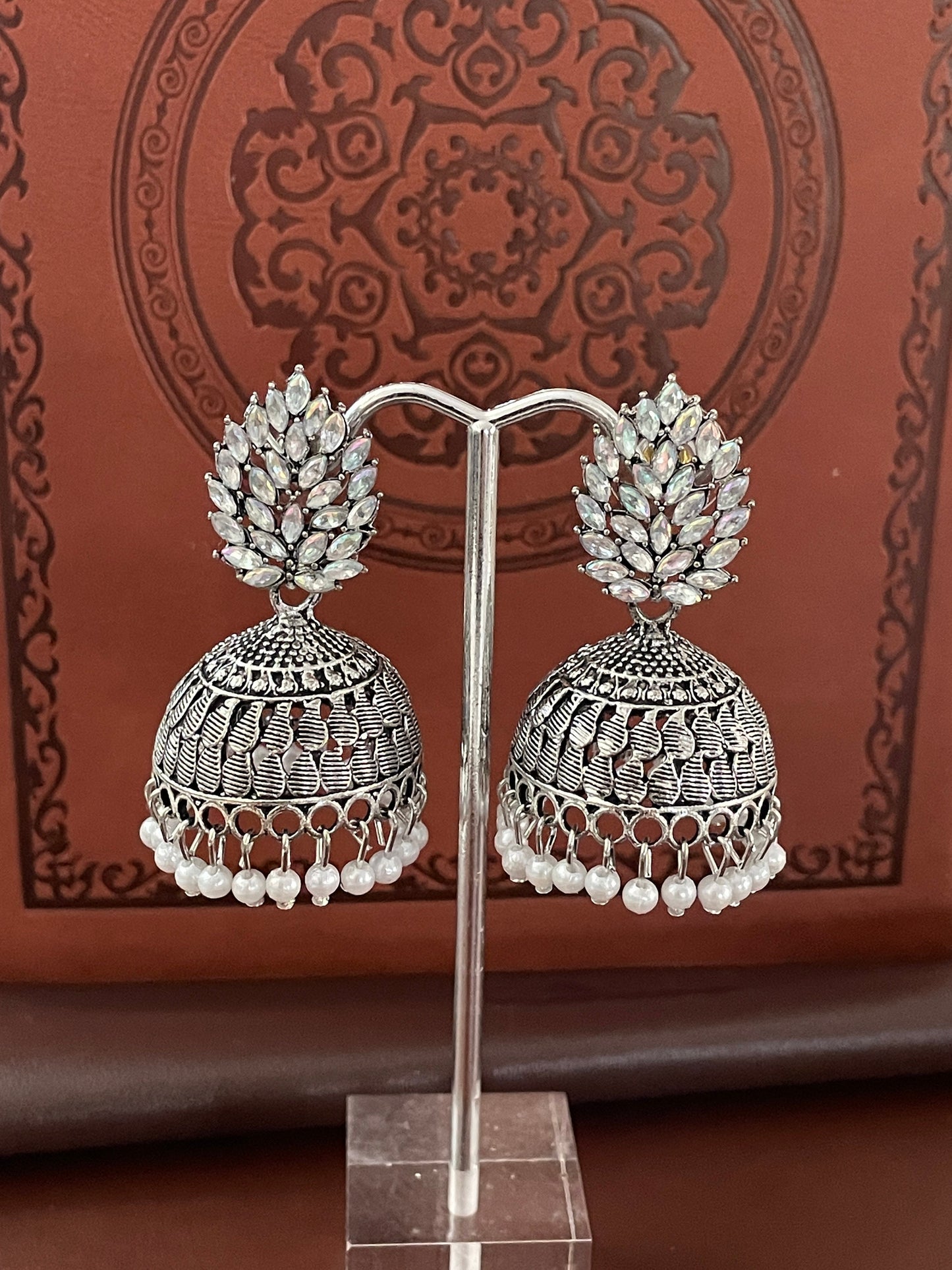 Oxidized Jhumkis rhinestone Earrings: Traditional Indian Style, 2-inch Length