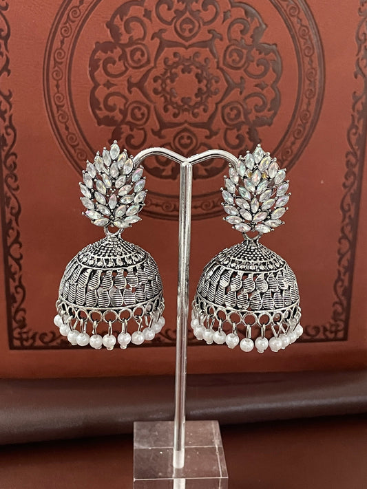 Oxidized Jhumkis rhinestone Earrings: Traditional Indian Style, 2-inch Length