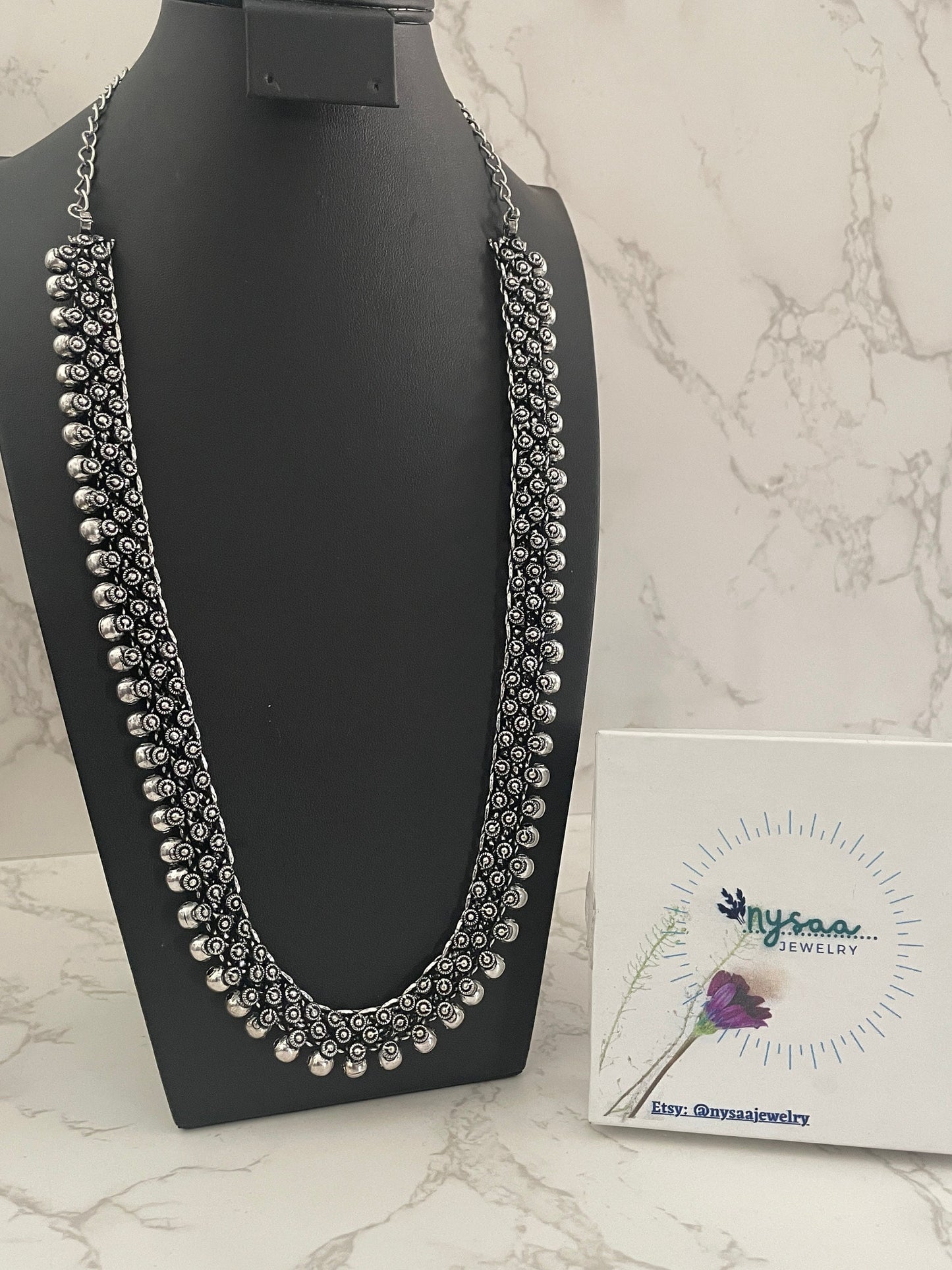 Oxidized Silver Long Necklace: Indian Navratri Jewelry