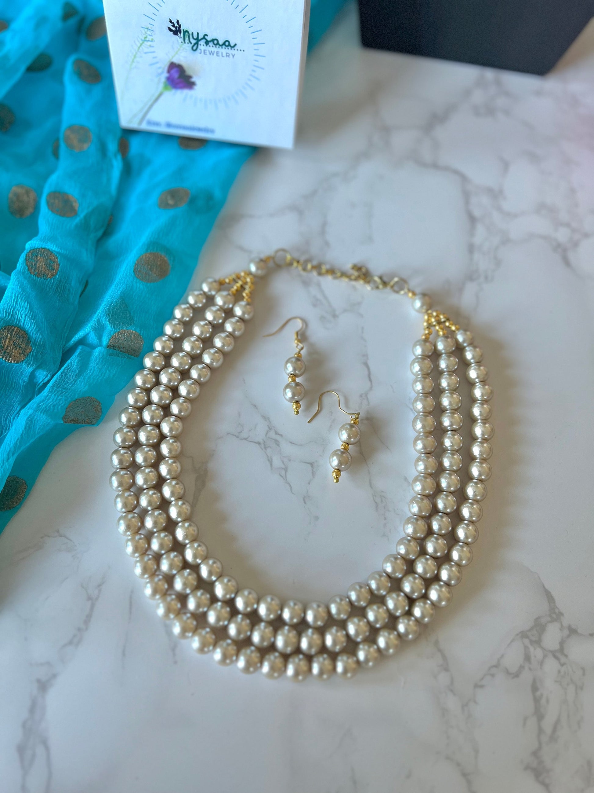 Ivory Pearl Necklace Set: Three-Strand Faux Pearl, 18 Inch