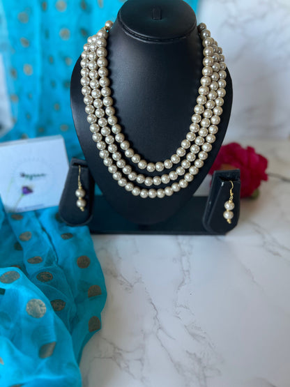 Ivory Pearl Necklace Set: Three-Strand Faux Pearl, 18 Inch