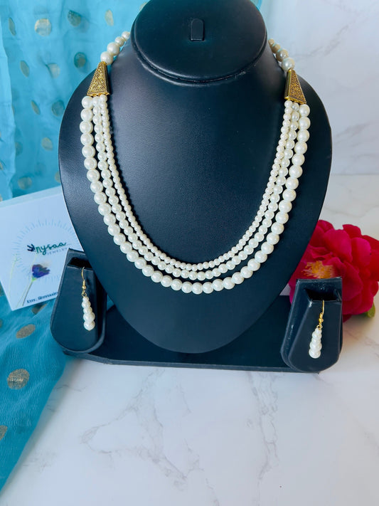 Ivory Pearl Necklace Set: Three-Strand Faux Pearl, 18 Inch