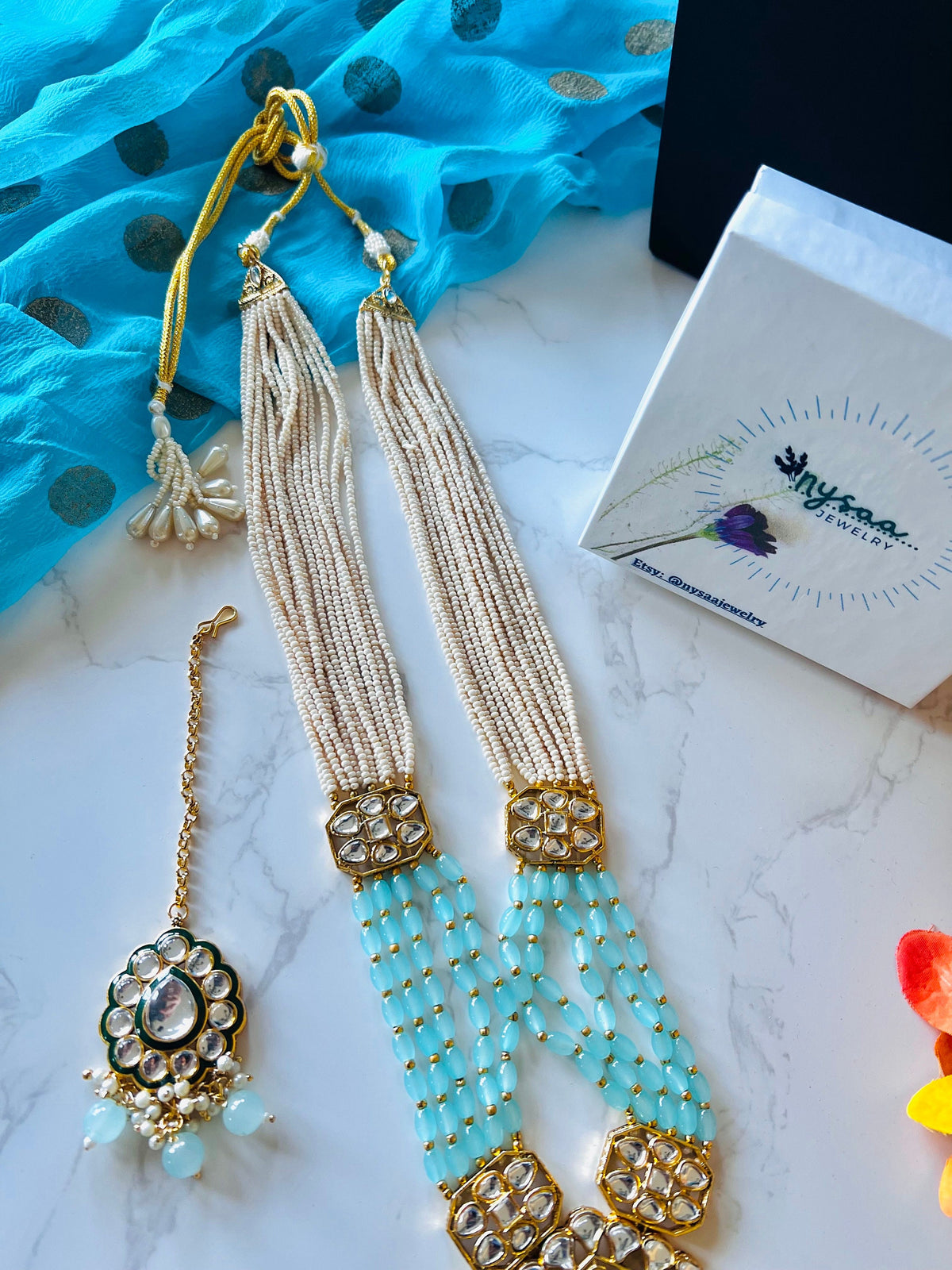 Aqua Kundan Necklace Set: Multilstrand Beaded long necklace Indian Jewelry