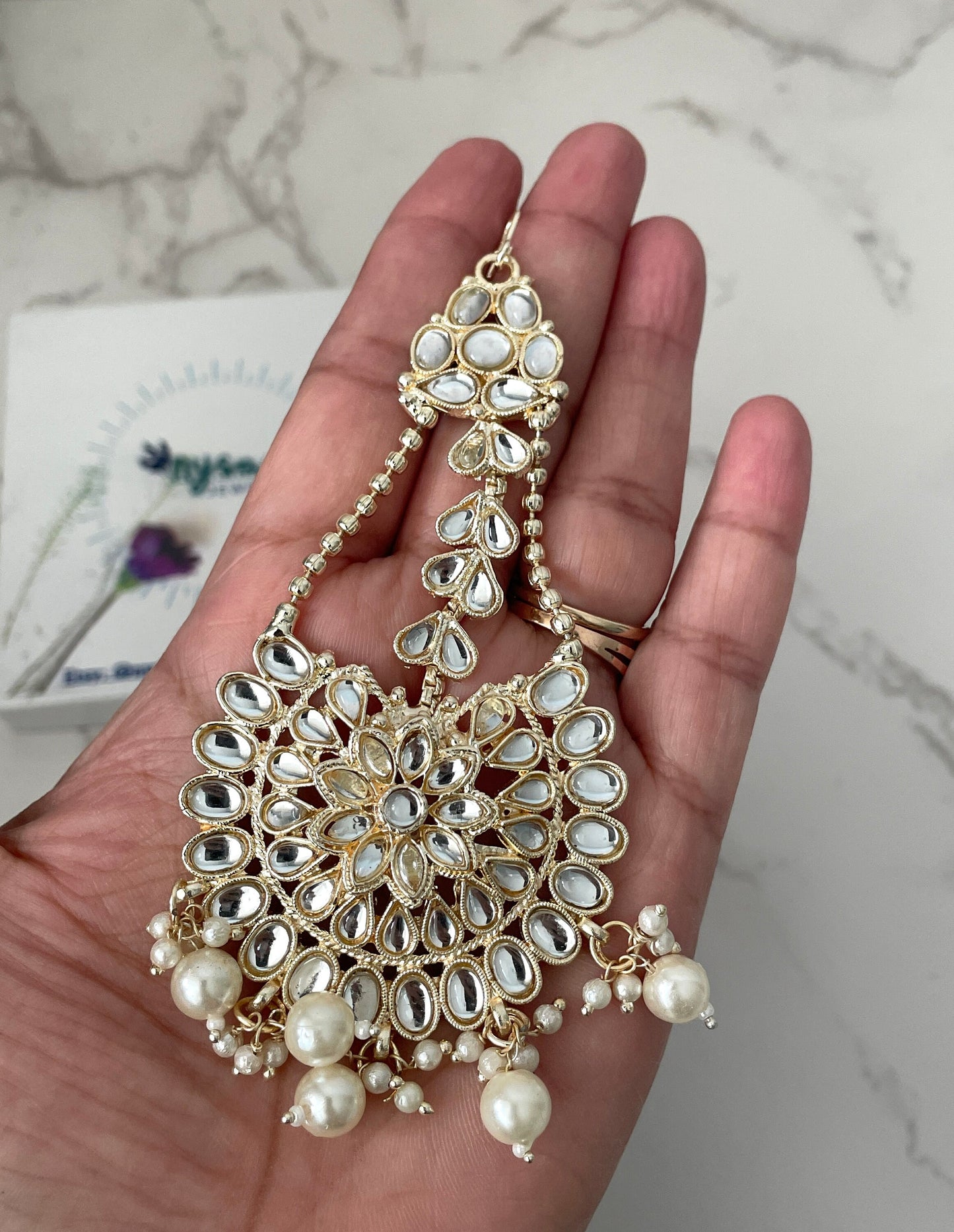 Kundan Chandbali Earrings: Ivory Pearl Pasa Set, Gold-Tone Finish