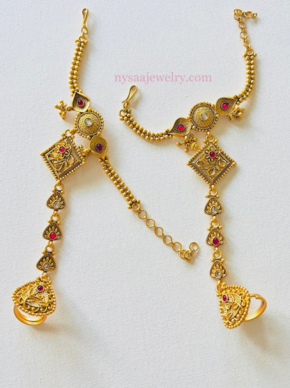 Indian Haath panja | Ring bracelet | Hath panja Pair | hathphool | Adjustable Ring | Gold Plated Jewelry