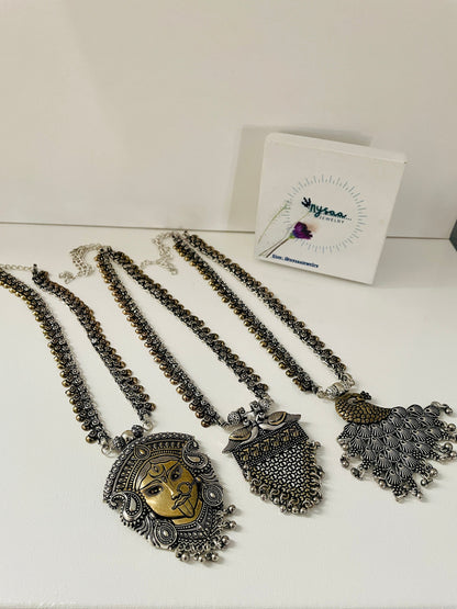 Oxidized Maa Durga/Peacock Necklace Set: Indian Navratri Jewelry