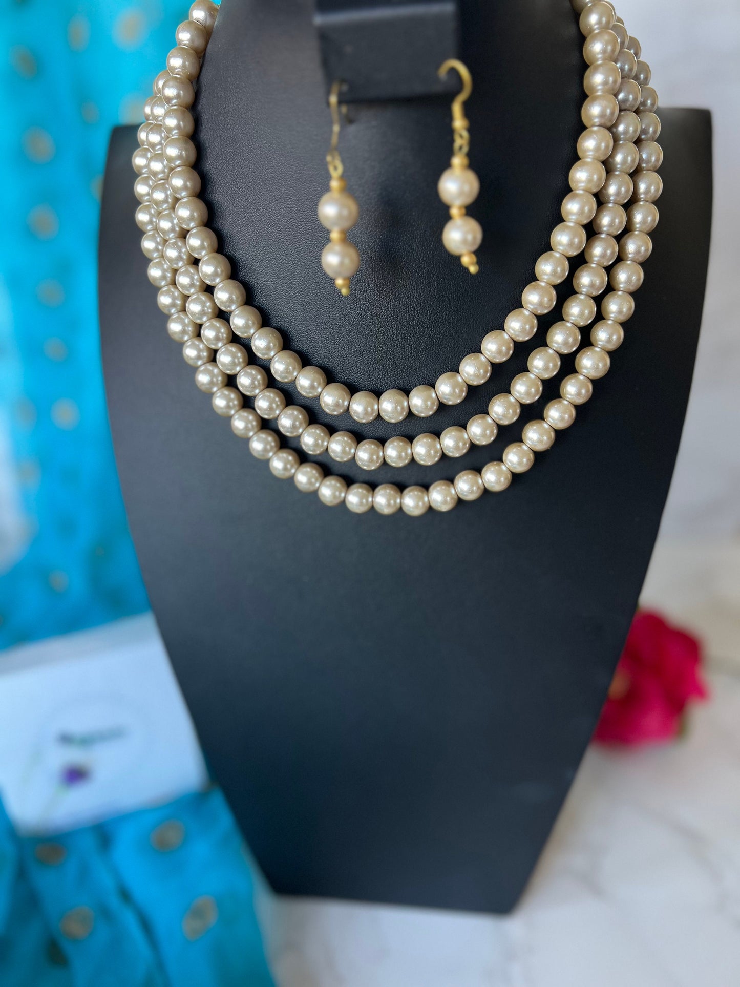 Ivory Pearl Necklace Set: Three-Strand Faux Pearl, 18 Inch