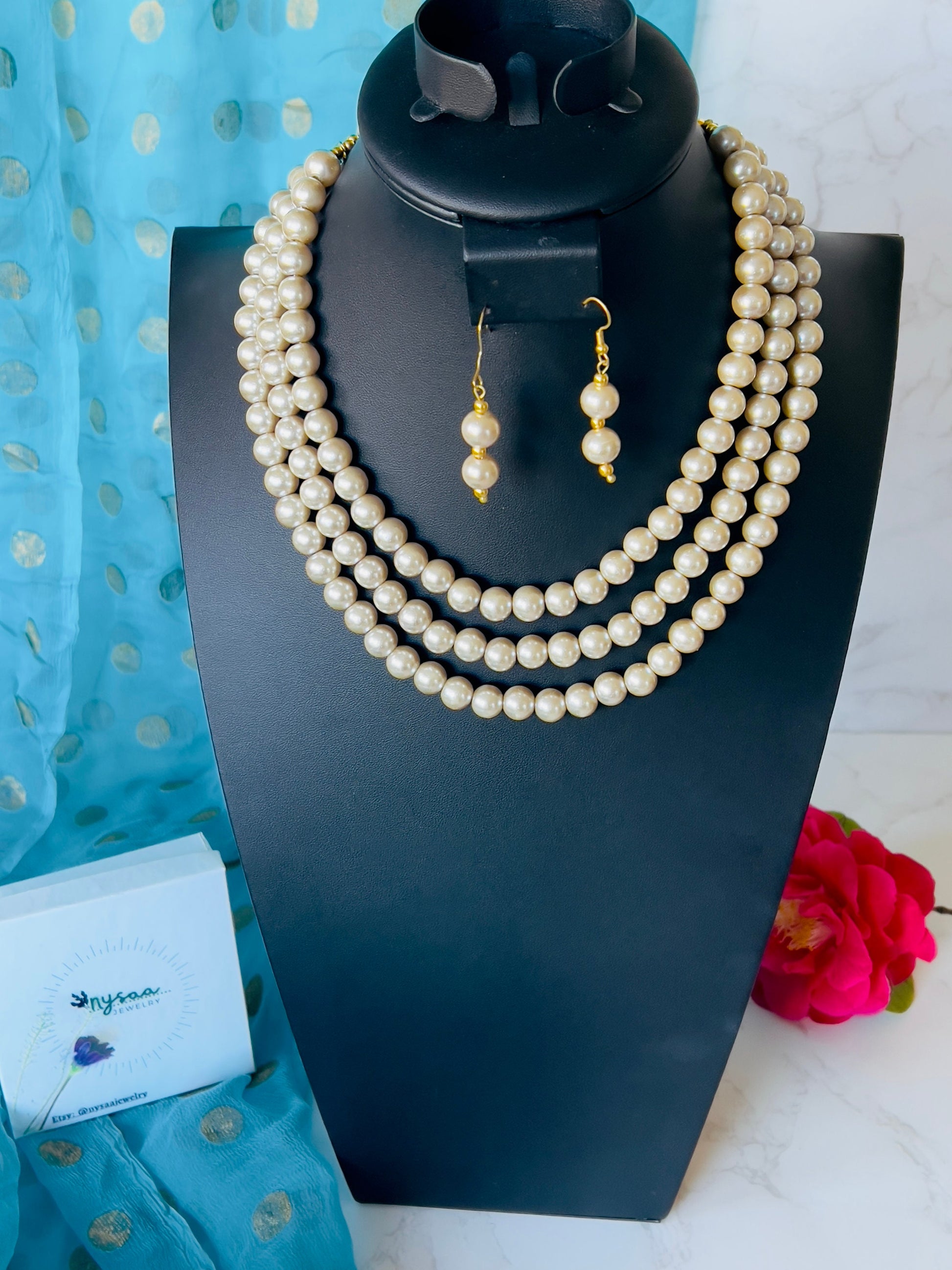 Ivory Pearl Necklace Set: Three-Strand Faux Pearl, 18 Inch